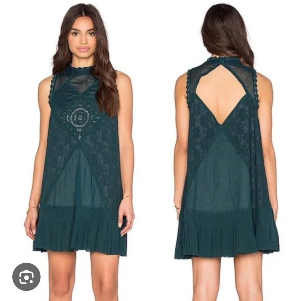 Free People L Dark Teal Boho Hippie Embroidered Cut Out Back Mini Dress